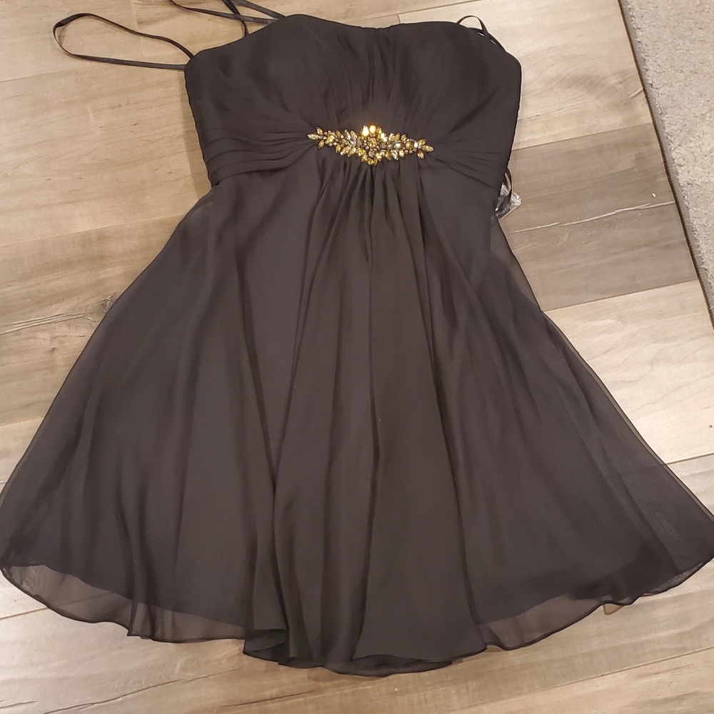 La Femme Elegant Black Gown with Gold Accents